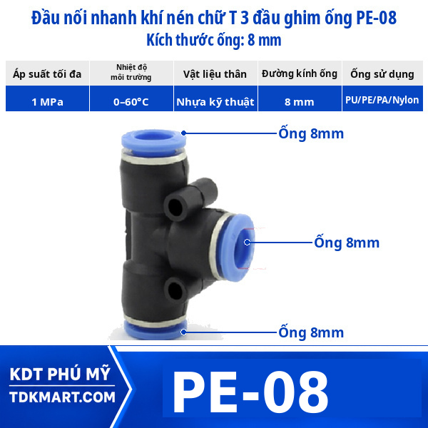 Đầu nối khí nén chữ T 3 đầu ghim ống 8 mm