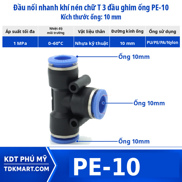 Đầu nối khí nén chữ T 3 đầu ghim ống 10 mm