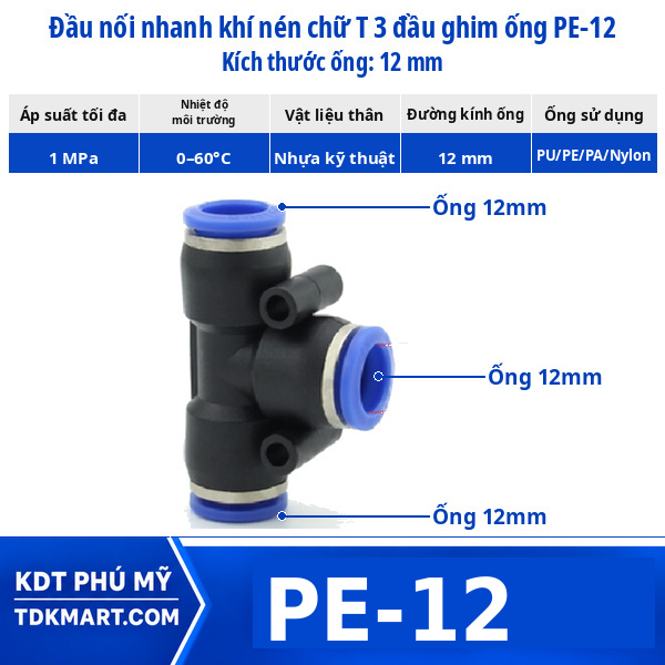 Đầu nối khí nén chữ T 3 đầu ghim ống 12 mm