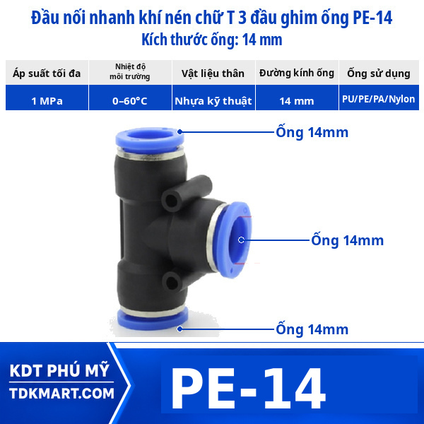 Đầu nối khí nén chữ T 3 đầu ghim ống 14 mm