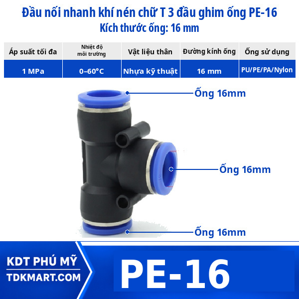 Đầu nối khí nén chữ T 3 đầu ghim ống 16 mm