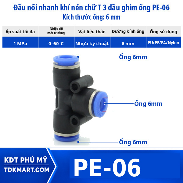 Đầu nối khí nén chữ T 3 đầu ghim ống 6 mm