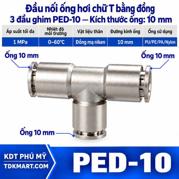 Đầu nối ống hơi chữ T bằng đồng 3 đầu ghim ống 10 mm