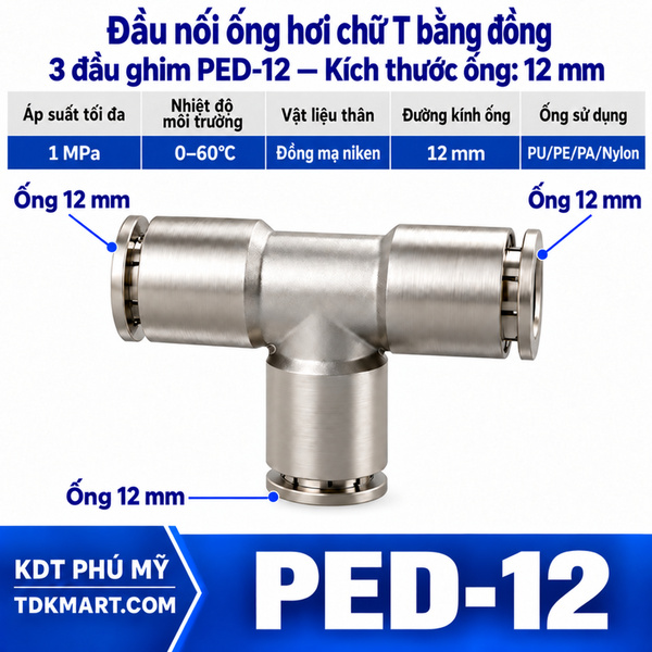 Đầu nối ống hơi chữ T bằng đồng 3 đầu ghim ống 12 mm