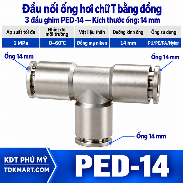 Đầu nối ống hơi chữ T bằng đồng 3 đầu ghim ống 14 mm