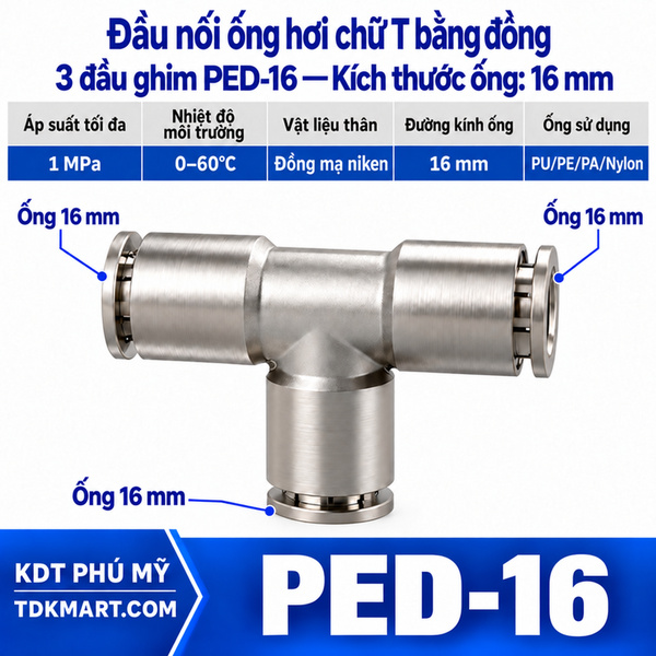 Đầu nối ống hơi chữ T bằng đồng 3 đầu ghim ống 16 mm