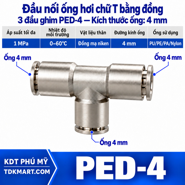 Đầu nối ống hơi chữ T bằng đồng 3 đầu ghim ống 4 mm