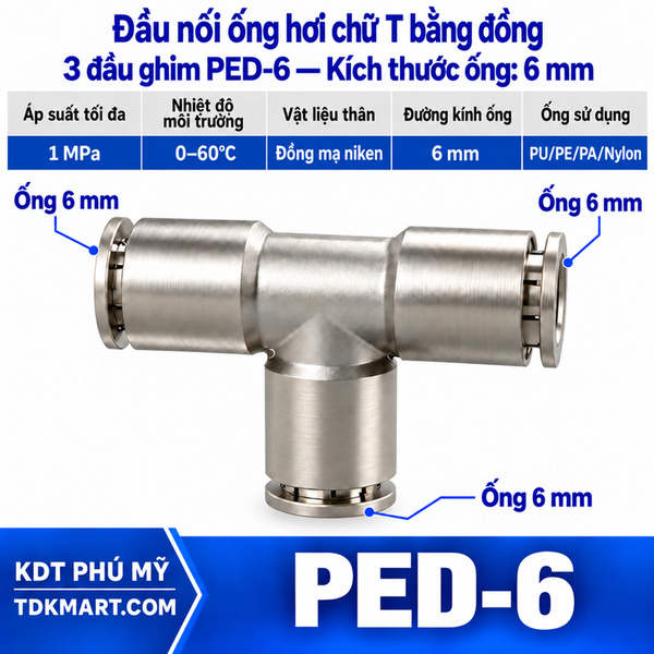 Đầu nối ống hơi chữ T bằng đồng 3 đầu ghim ống 6 mm
