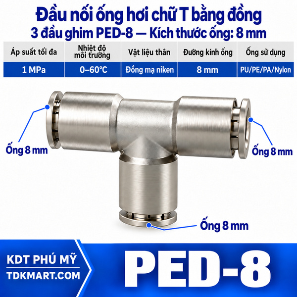 Đầu nối ống hơi chữ T bằng đồng 3 đầu ghim ống 8 mm