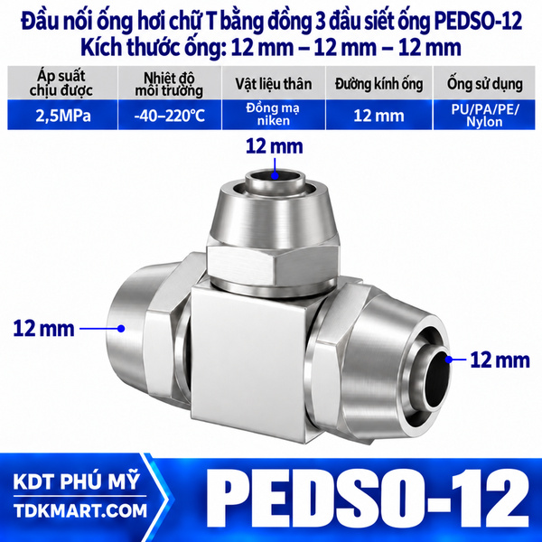 Đầu nối ống hơi chữ T bằng đồng 3 đầu siết ống 12 mm