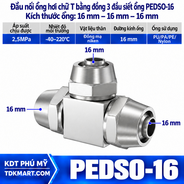 Đầu nối ống hơi chữ T bằng đồng 3 đầu siết ống 16 mm