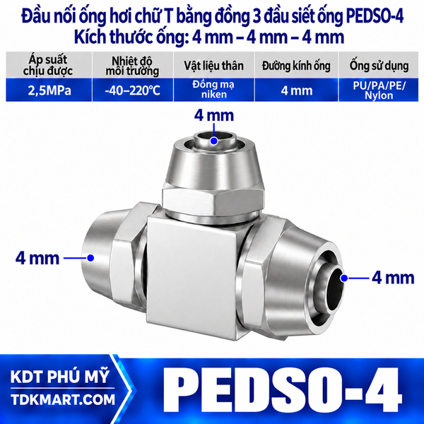 Đầu nối ống hơi chữ T bằng đồng 3 đầu siết ống 4 mm