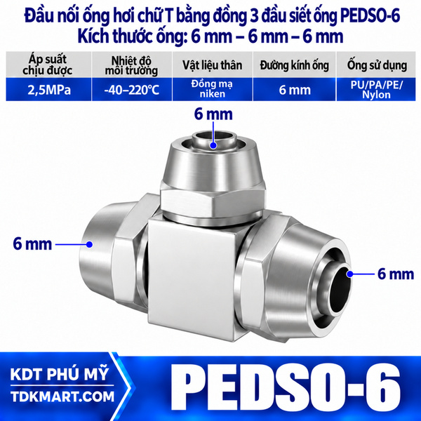 Đầu nối ống hơi chữ T bằng đồng 3 đầu siết ống 6 mm