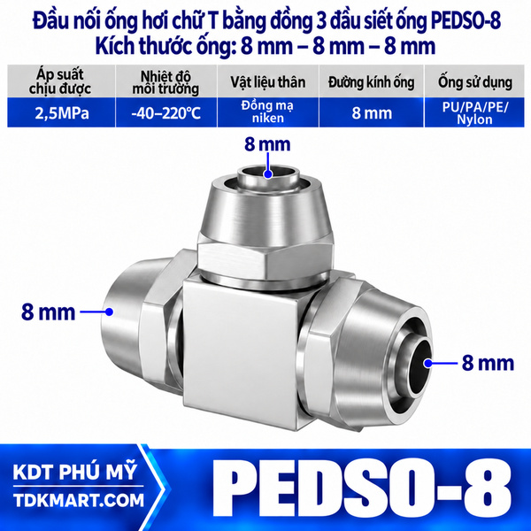 Đầu nối ống hơi chữ T bằng đồng 3 đầu siết ống 8 mm