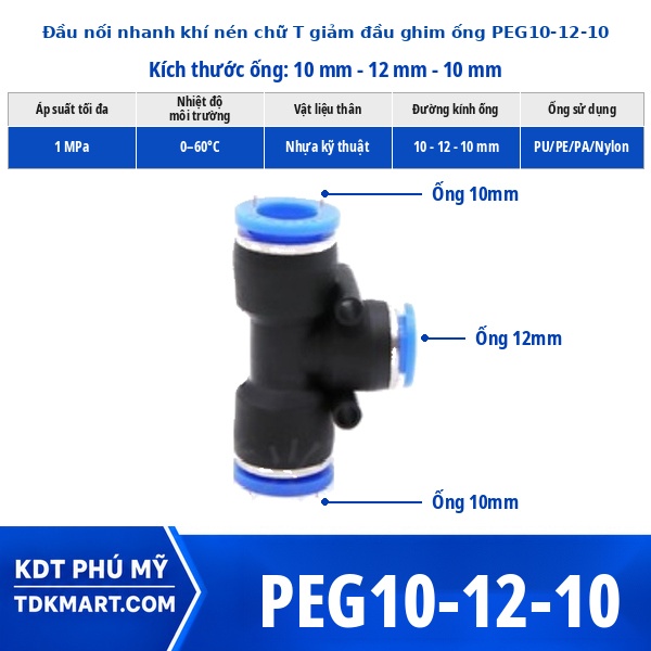Đầu nối khí nén chữ T giảm 10-12-10 mm
