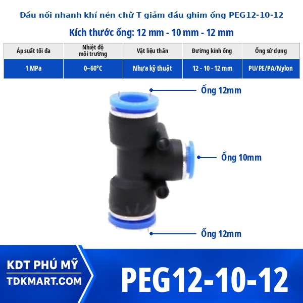 Đầu nối khí nén chữ T giảm 12-10–12 mm