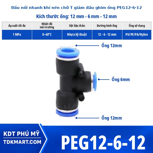 Đầu nối khí nén chữ T giảm 12-6–12 mm