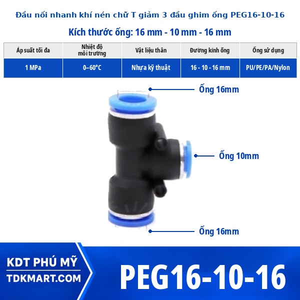 Đầu nối khí nén chữ T giảm 16-10-16 mm