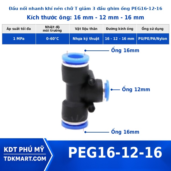 Đầu nối khí nén chữ T giảm 16-12-16 mm