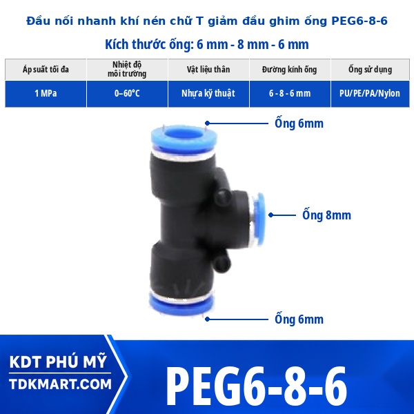 Đầu nối khí nén chữ T giảm 6-8–6 mm