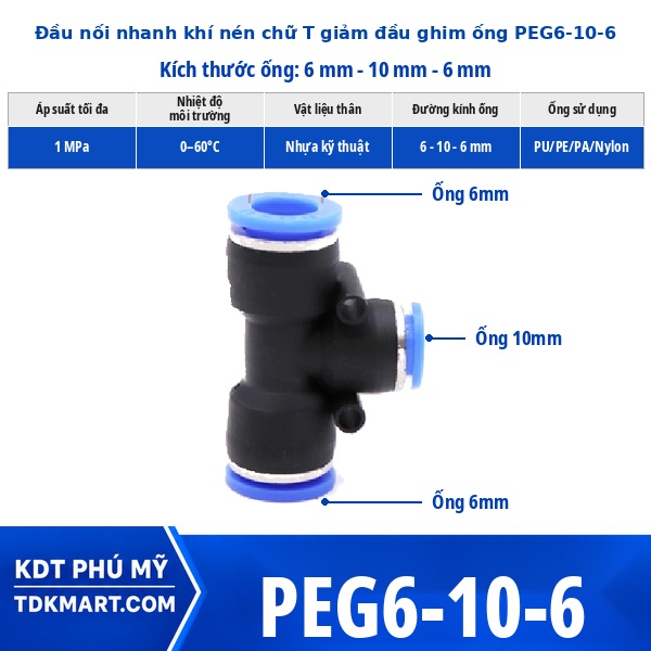 Đầu nối khí nén chữ T giảm 6-10–6 mm