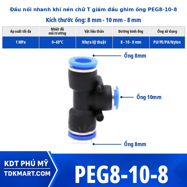 Đầu nối khí nén chữ T giảm 8-10-8 mm