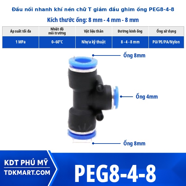Đầu nối khí nén chữ T giảm 8-4–8 mm