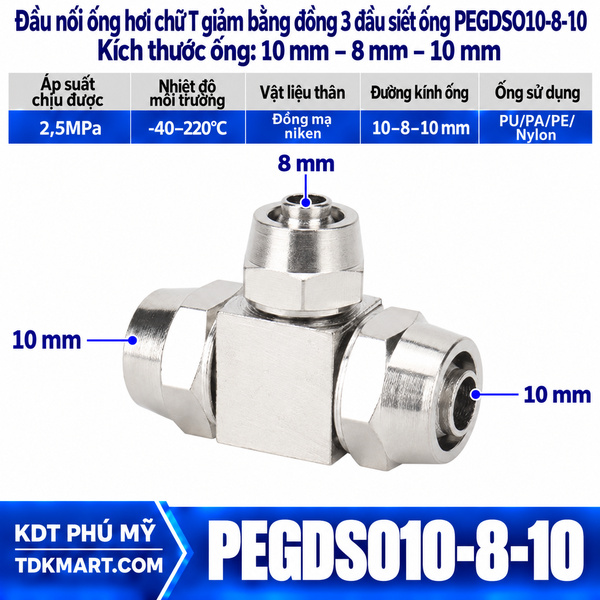 Đầu nối ống hơi chữ T giảm bằng đồng 3 đầu siết ống 10-8-10 mm