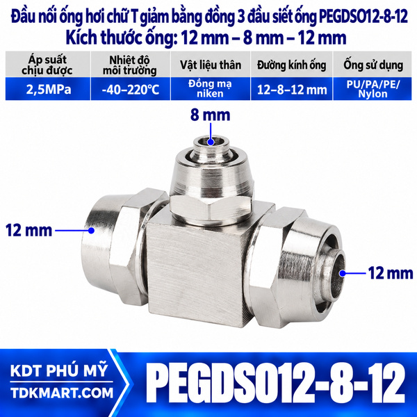 Đầu nối ống hơi chữ T giảm bằng đồng 3 đầu siết ống 12-8-12 mm