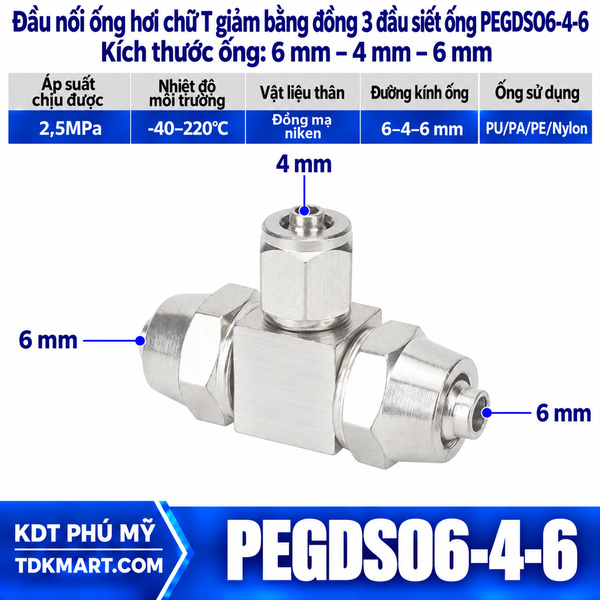 Đầu nối ống hơi chữ T giảm bằng đồng 3 đầu siết ống 6-4-6 mm