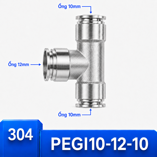 Đầu nối Inox 304 dạng chữ T giảm 10-12-10 có 3 đầu nối nhanh ghim ống khí nén