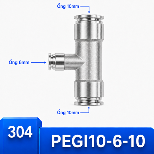 Đầu nối Inox 304 dạng chữ T giảm 10-6-10 có 3 đầu nối nhanh ghim ống khí nén