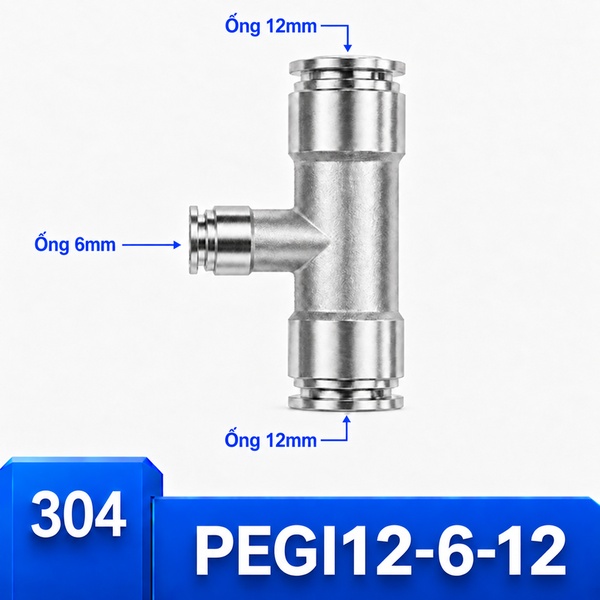 Đầu nối nhanh khí nén chữ T giảm Inox 304 3 đầu ghim ống 12-6-12 mm