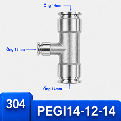 Đầu nối Inox 304 dạng chữ T giảm 14-12-14 có 3 đầu nối nhanh ghim ống khí nén