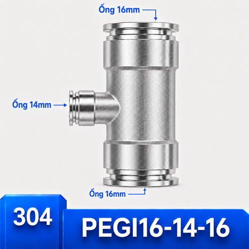 Đầu nối Inox 304 dạng chữ T giảm 16-14-16 có 3 đầu nối nhanh ghim ống khí nén