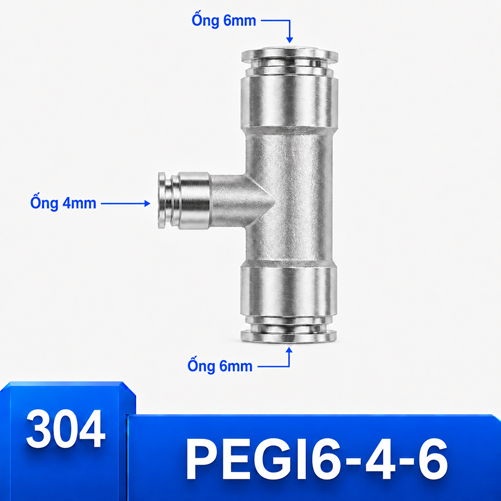 Đầu nối Inox 304 dạng chữ T giảm 6-4-6 có 3 đầu nối nhanh ghim ống khí nén