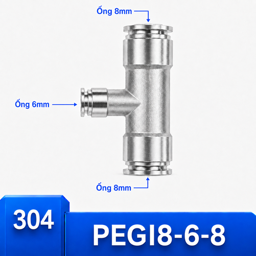 Đầu nối Inox 304 dạng chữ T giảm 8-6-8 có 3 đầu nối nhanh ghim ống khí nén