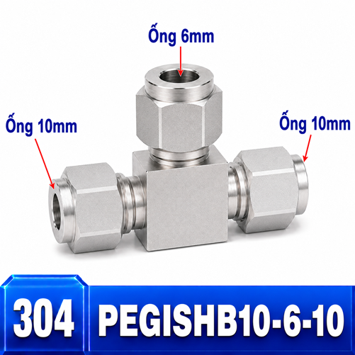 Đầu nối Inox 304 dạng chữ T giảm 10-6-10 có 3 đầu nối siết hạt bắp