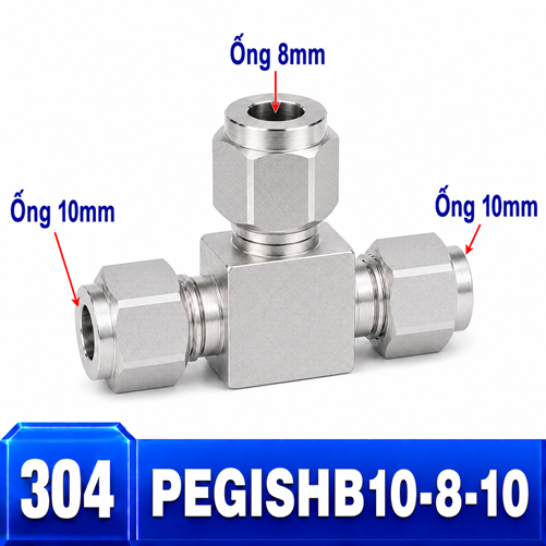 Đầu nối Inox 304 dạng chữ T giảm 10-8-10 có 3 đầu nối siết hạt bắp