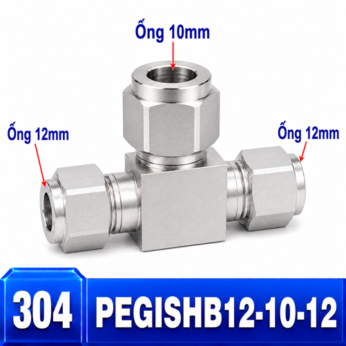 Đầu nối Inox 304 dạng chữ T giảm 12-10-12 có 3 đầu nối siết hạt bắp