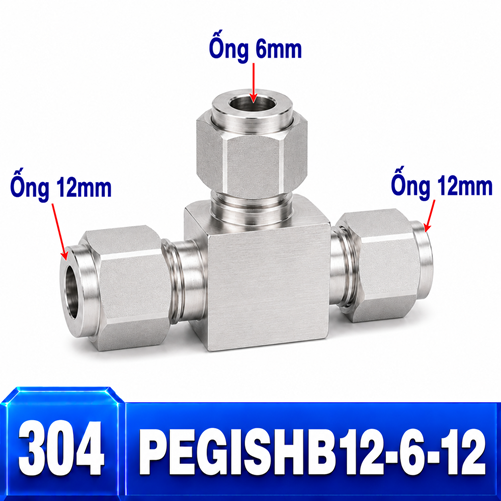 Đầu nối Inox 304 dạng chữ T giảm 12-6-12 có 3 đầu nối siết hạt bắp