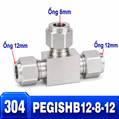 Đầu nối Inox 304 dạng chữ T giảm 12-8-12 có 3 đầu nối siết hạt bắp
