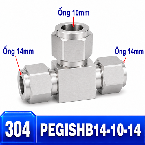 Đầu nối Inox 304 dạng chữ T giảm 14-10-14 có 3 đầu nối siết hạt bắp
