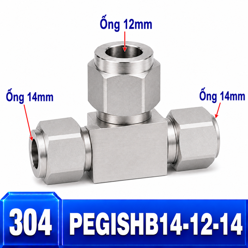 Đầu nối Inox 304 dạng chữ T giảm 14-12-14 có 3 đầu nối siết hạt bắp