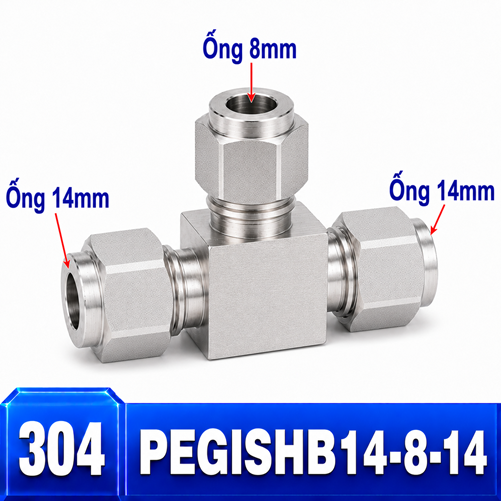 Đầu nối Inox 304 dạng chữ T giảm 14-8-14 có 3 đầu nối siết hạt bắp