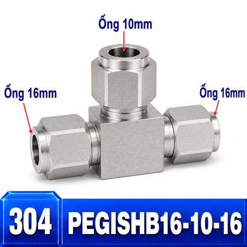 Đầu nối Inox 304 dạng chữ T giảm 16-10-16 có 3 đầu nối siết hạt bắp