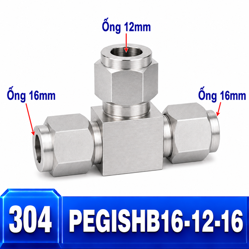 Đầu nối Inox 304 dạng chữ T giảm 16-12-16 có 3 đầu nối siết hạt bắp