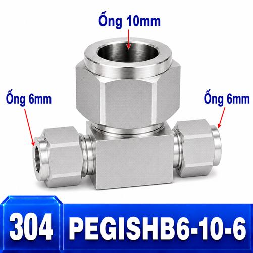 Đầu nối Inox 304 dạng chữ T giảm 6-10-6 có 3 đầu nối siết hạt bắp