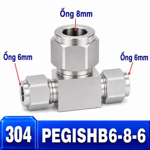 Đầu nối Inox 304 dạng chữ T giảm 6-8-6 có 3 đầu nối siết hạt bắp