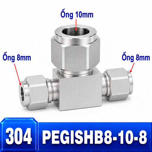 Đầu nối Inox 304 dạng chữ T giảm 8-10-8 có 3 đầu nối siết hạt bắp